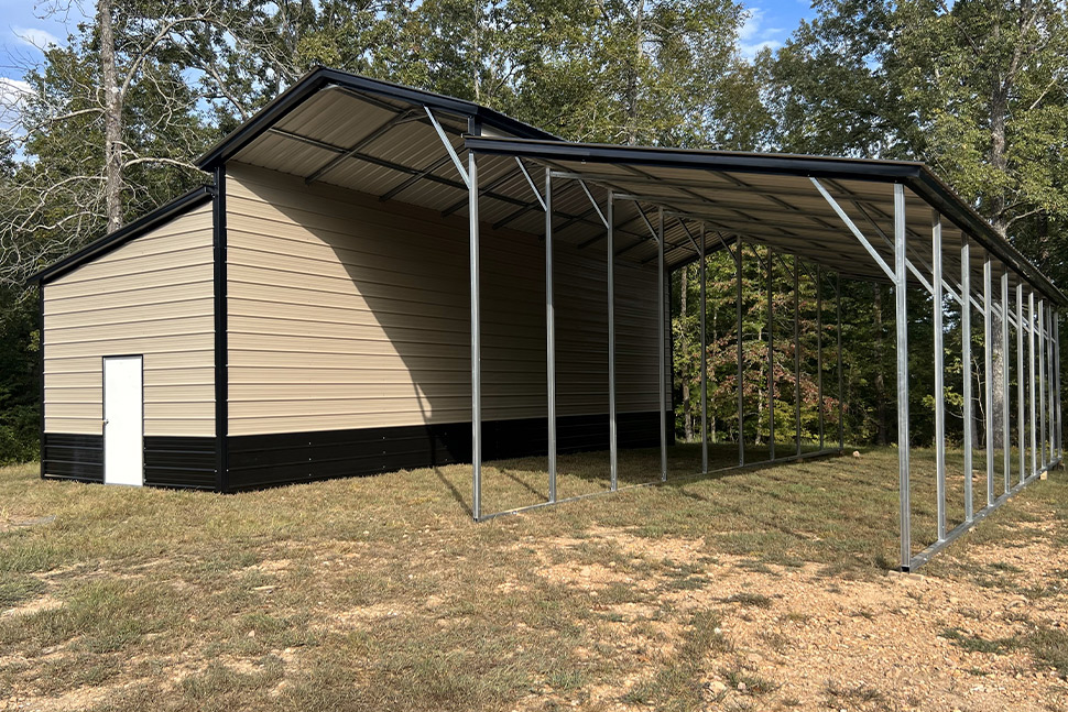 A metal building with a roof and side door, used for hay storage, highlighted in a summer protection guide. American Steel Carports
