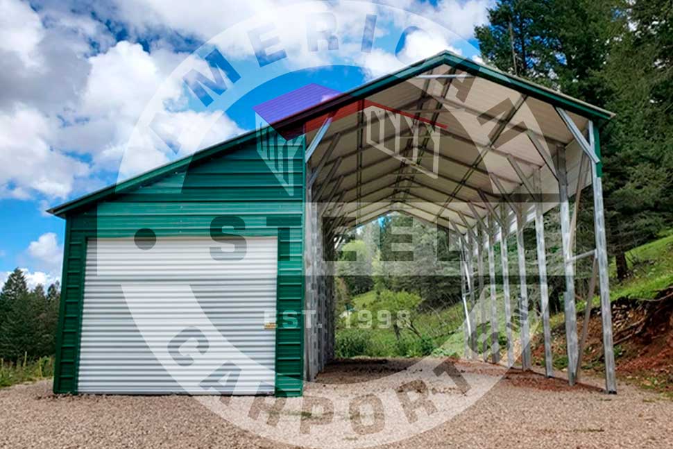 Steel carport with a garage door, designed for RVs, featured in a guide for summer travel preparations.