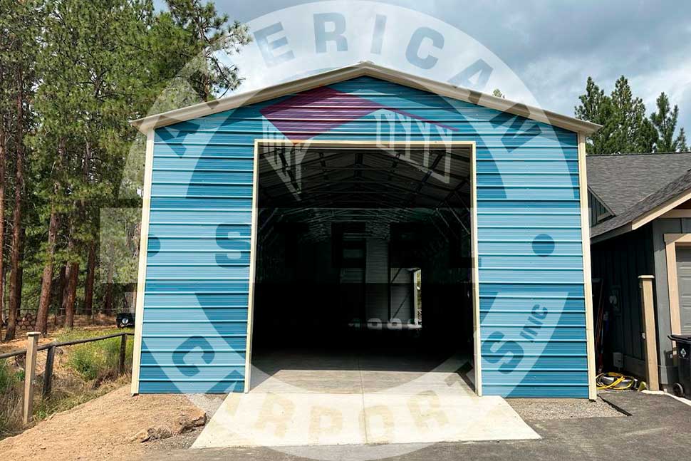 A blue garage with a red door and white roof, illustrated in a guide for RV carport height ahead of summer travel.