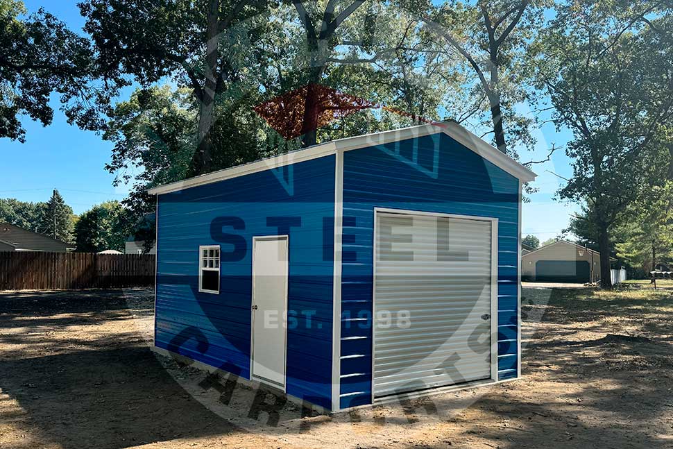 A blue storage shed featuring a white door, representing the growing preference for steel equipment shelters among Midwest farmers.