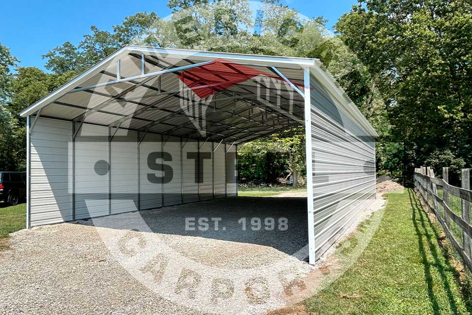 Steel carport featuring a red roof, suitable for autumn enhancements in Arkansas.