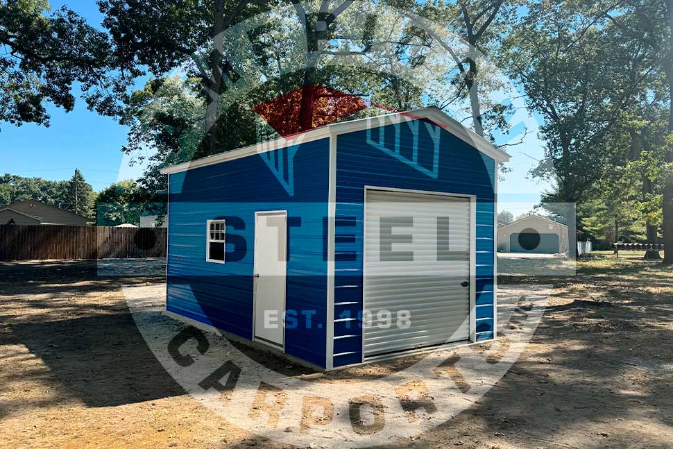 A blue storage shed positioned in dirt, illustrating a suitable color choice for southern home environments.