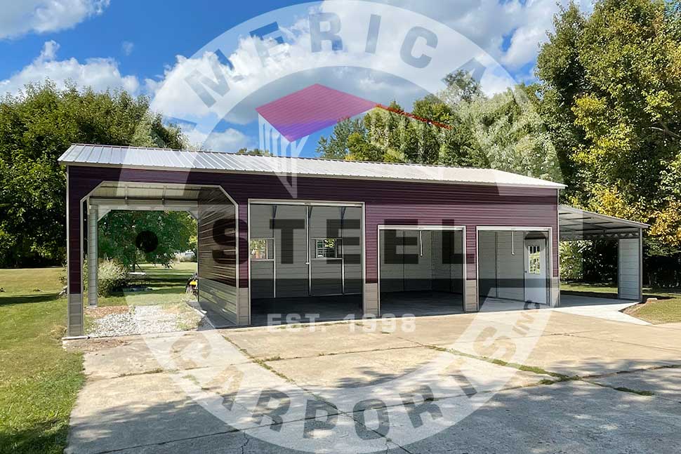 A metal garage with a red roof and a white sign, featured in an article about steel building colors for southern homes.