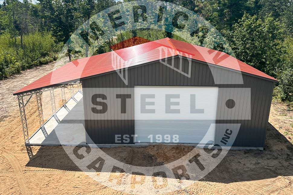 A steel structure topped with a red roof, featuring a sign that says "Steel," related to financing custom workshops in Oklahoma.