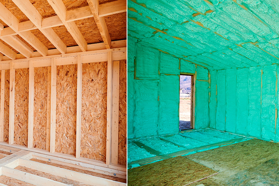 Two images showing a room with insulation and wood framing, illustrating steps to winterize a Texas steel barn. Before and after